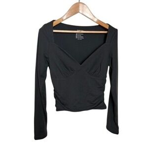 REORIA Womens‎ Black Long Sleeve Sweetheart Neck Ruched Surplice Top Small